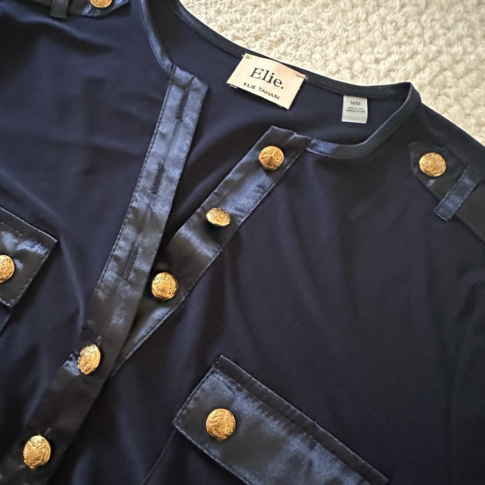 Elie Tahari Elegant Navy Button Down Top with Gold Accents & Epaulettes/M